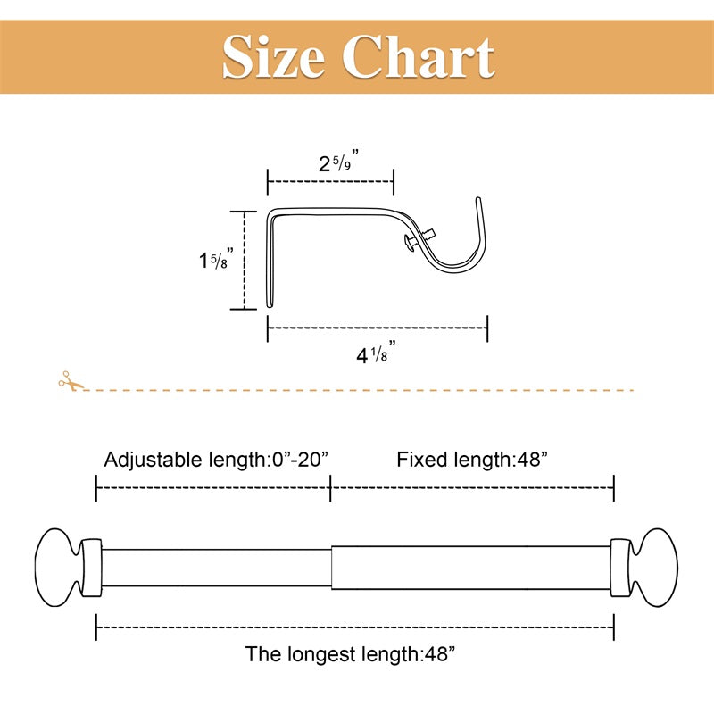 KGORGE outdoor curtain rod & bracket size chart, showing adjustable length examples & mounting bracket dimensions. Essential for installation.