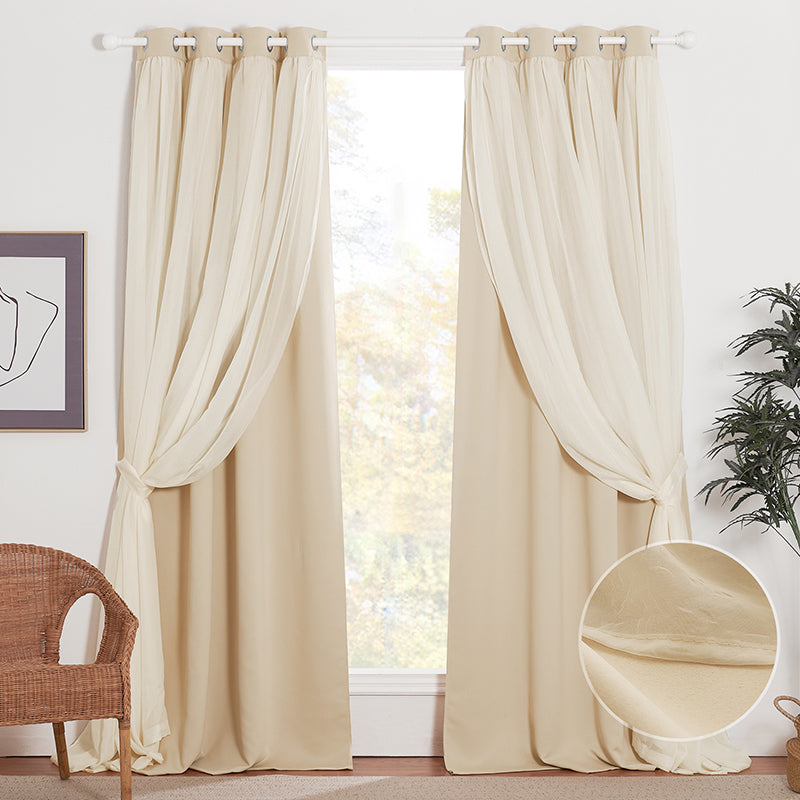 Beige 2-panel blackout curtains with grommet top, featuring a crushed voile sheer overlay tied back for room darkening & privacy.