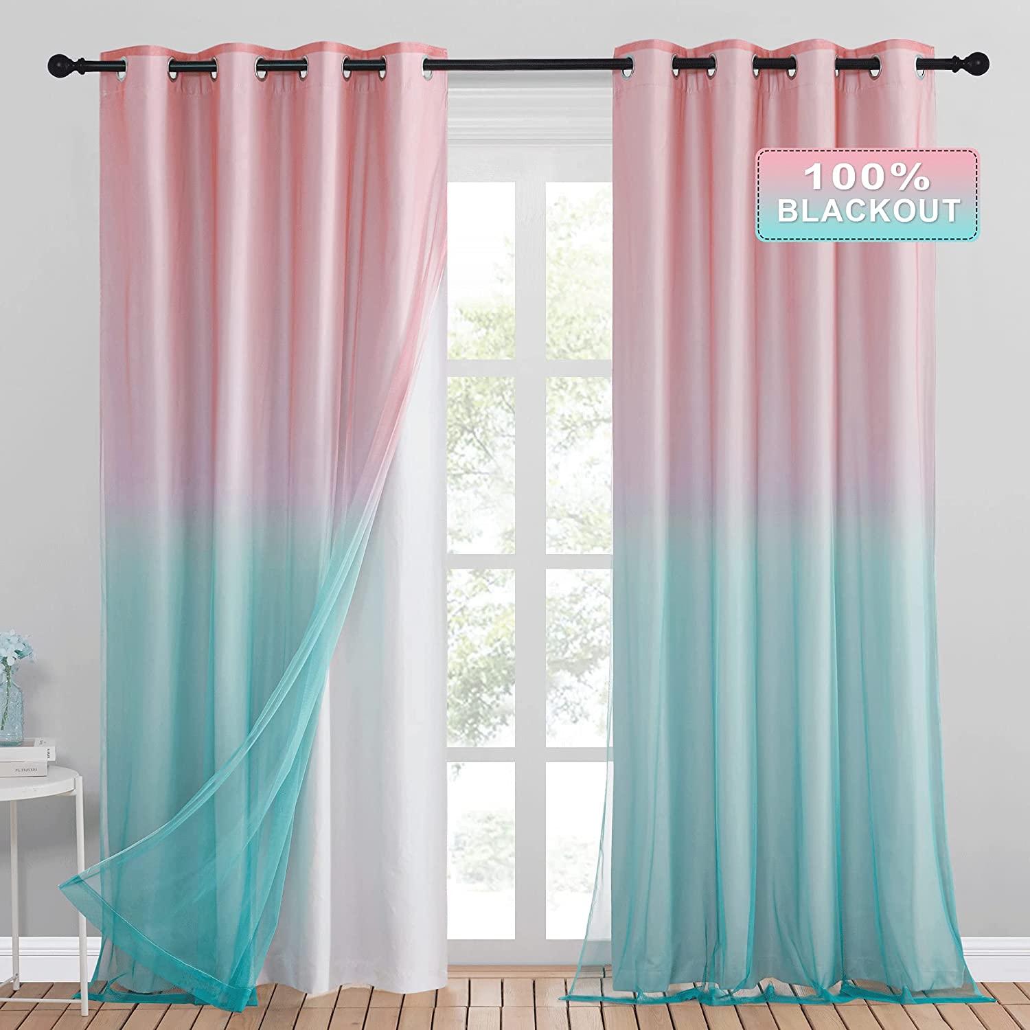 Blackout  Curtain With Pastel Rainbow Sheer Curtain Overlay 2 Panels KGORGE Store