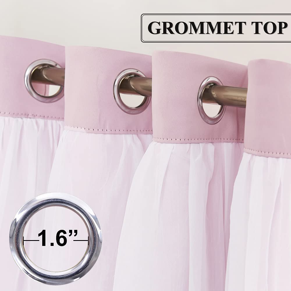 Pink blackout curtain with white crushed voile sheer overlay, detailed view of 1.6-inch silver grommet top on a rod.