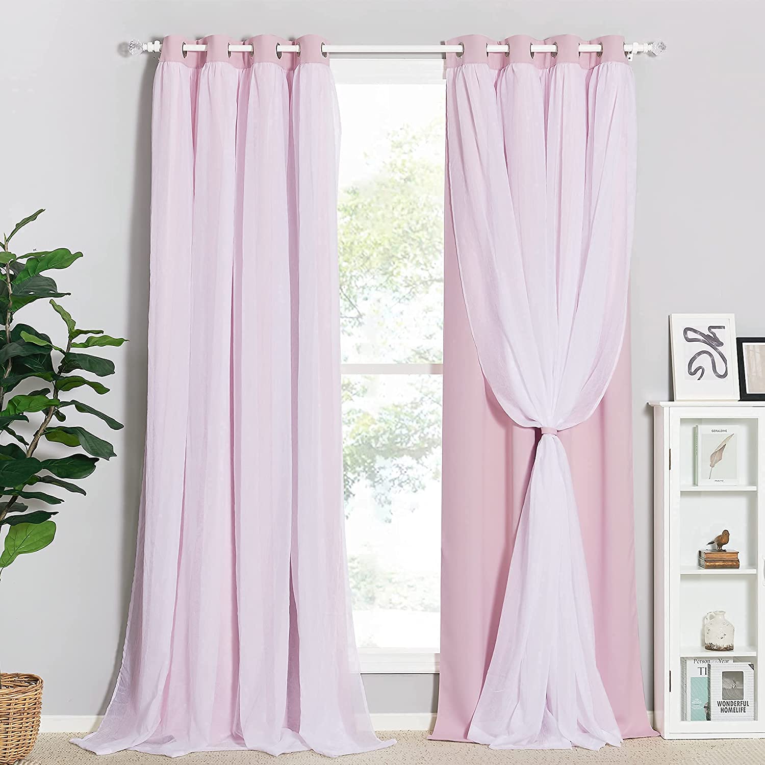 Blush pink blackout curtains with white crushed voile sheer overlays, grommet top, one panel tied back for versatile room darkening.