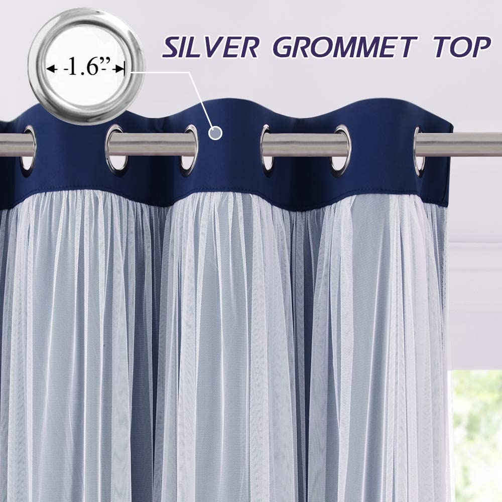 Navy blue blackout curtain panel with white sheer voile overlay, featuring silver grommet top (1.6 inch diameter) on a rod.