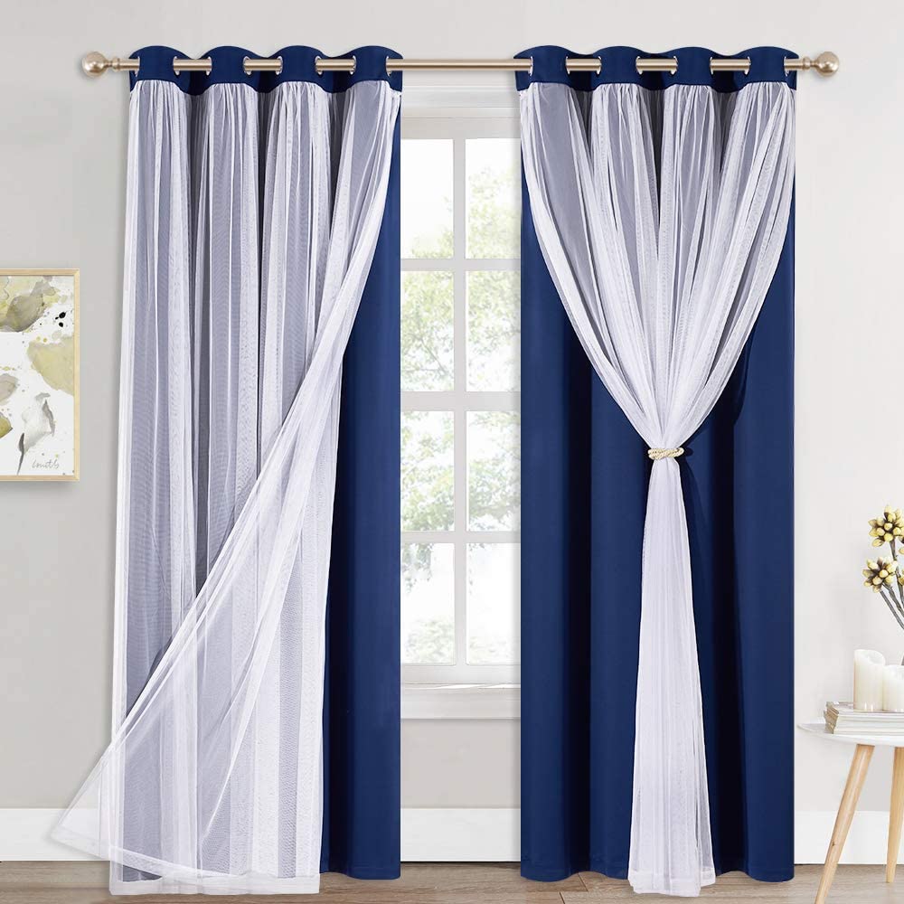 Navy blue blackout curtains with white sheer voile overlay, grommet top, tied back for room darkening & privacy.