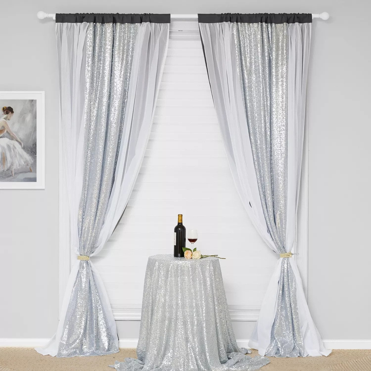Blackout Glitter Curtain With Sheer Curtain Overlay 2 Panels KGORGE Store