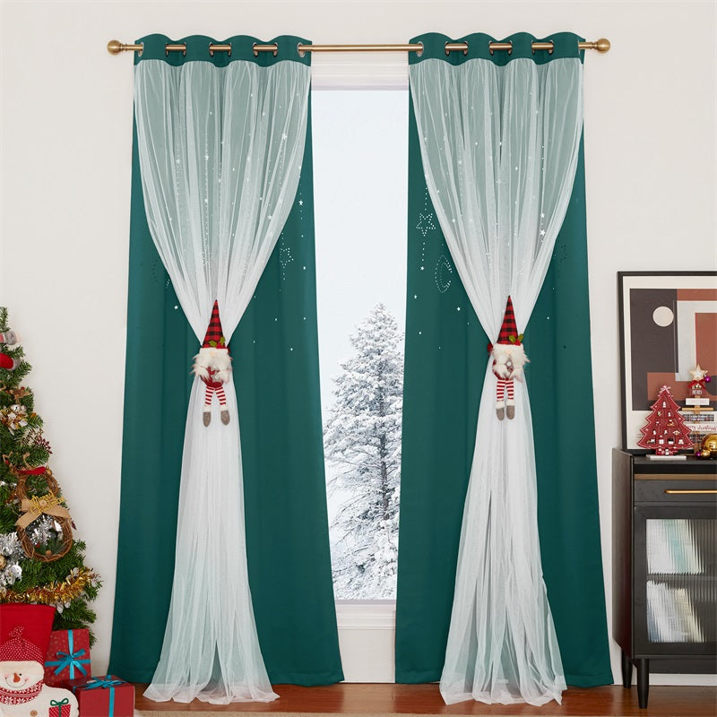 Two panels teal blackout grommet curtains with laser-cut moon & stars, sheer overlays, tied by gnomes, for room darkening.