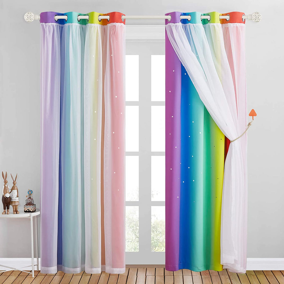 Blackout Rainbow And Star Cut Out Curtains With Sheer Curtain Overlay 2 Panels Kgorge
