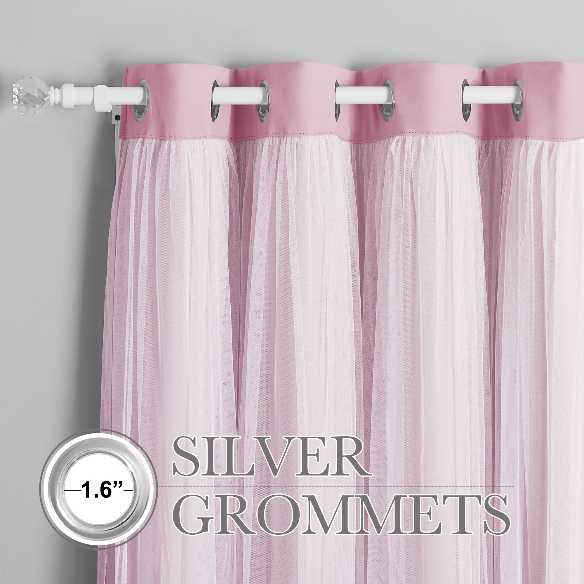 Pink blackout woven curtain with crushed voile sheer overlay, featuring silver grommets and a decorative white rod with crystal finial.
