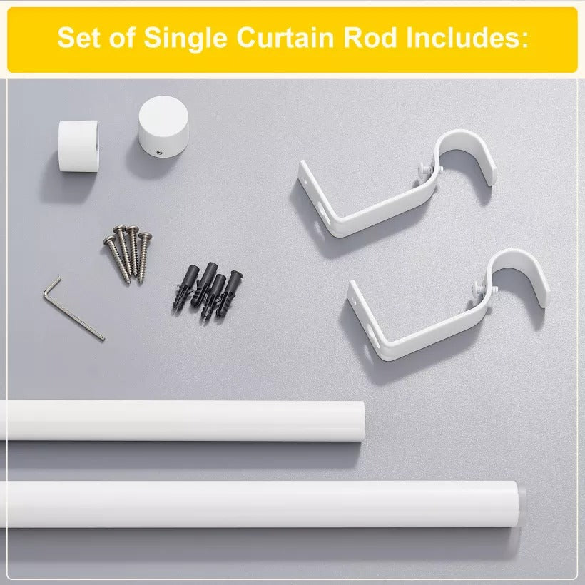 Complete white indoor/outdoor curtain rod set with brushed finials, mounting brackets, screws, and anchors.