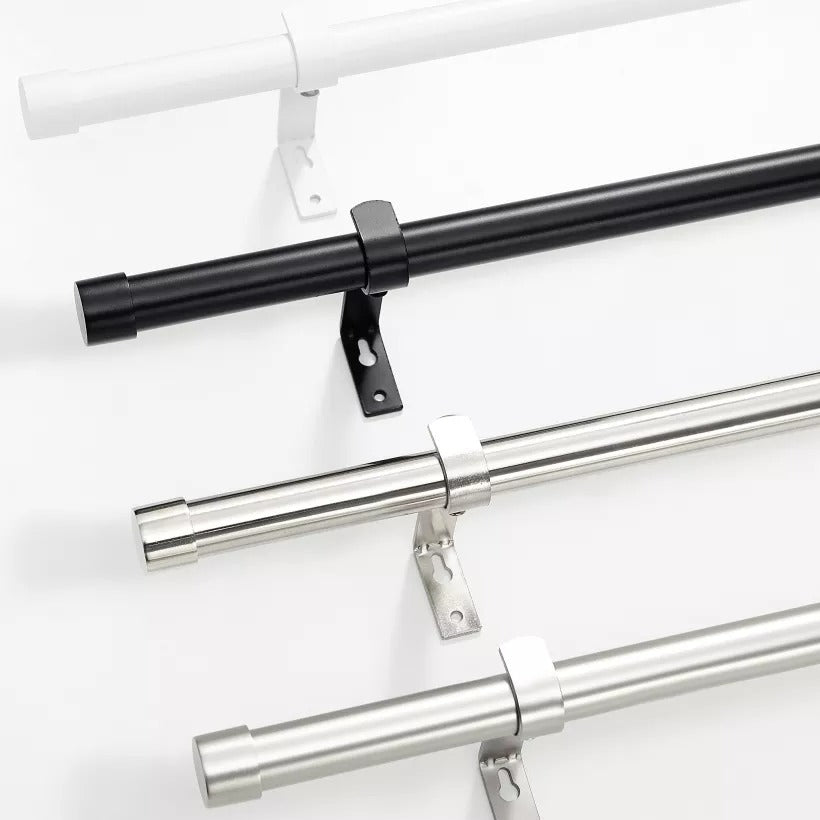 Four brushed finial indoor/outdoor curtain rods: white, matte black, polished nickel, and brushed nickel, with mounting brackets.