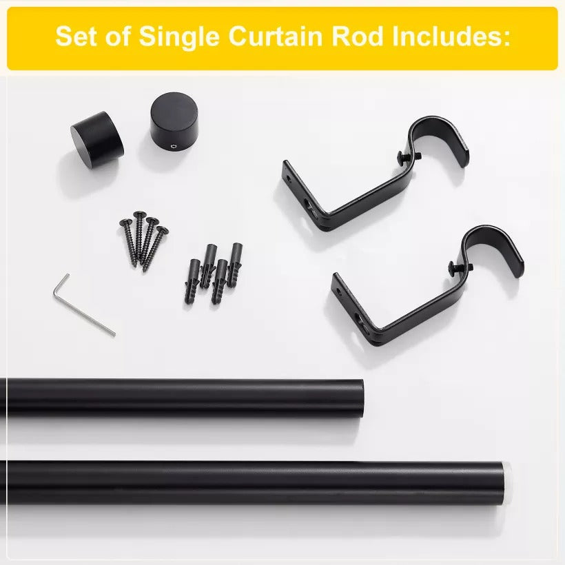 Black brushed finial indoor/outdoor curtain rod set with two rod sections, cylindrical finials, mounting brackets, and hardware
