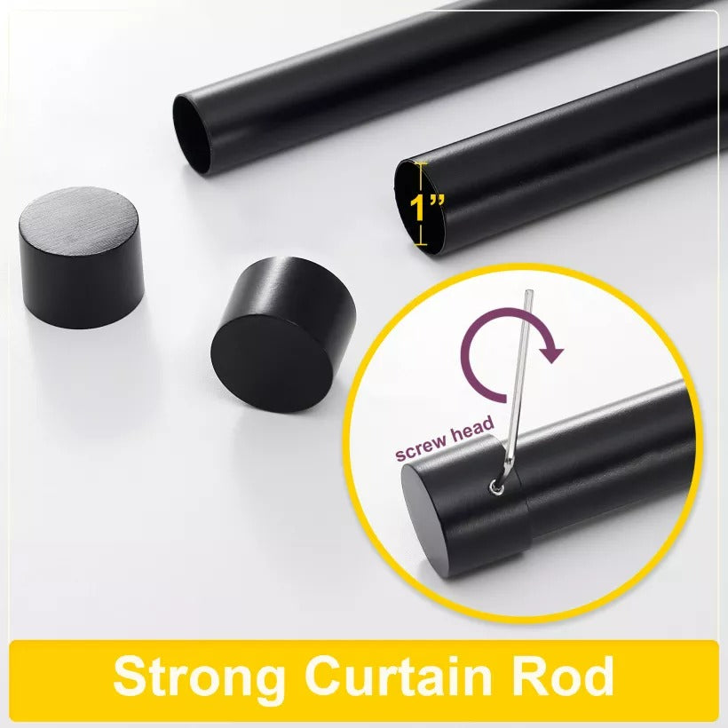 Black 1-inch indoor/outdoor curtain rod components with brushed finials, highlighting strong construction and screw-in attachment.
