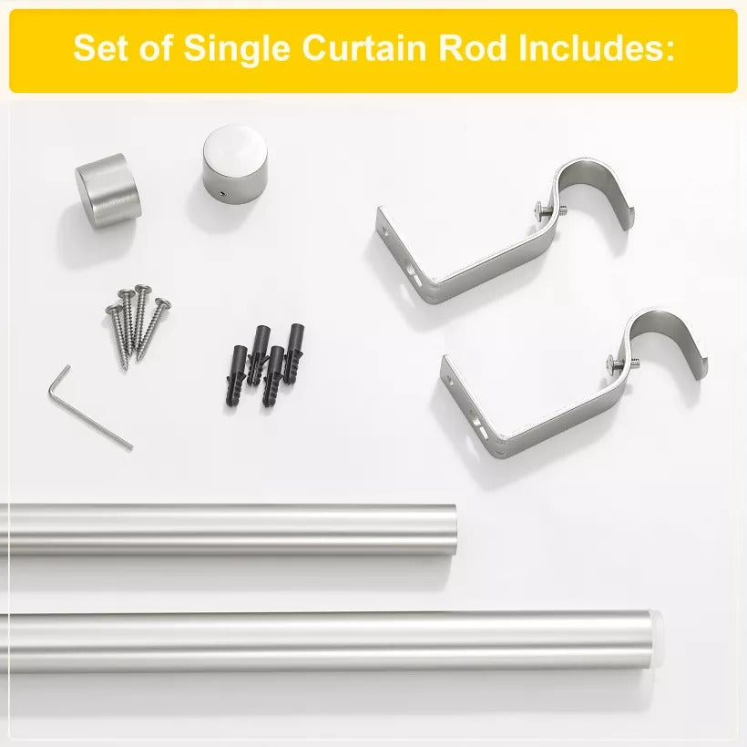 Brushed silver indoor/outdoor curtain rod set with finials, mounting brackets, screws, and anchors for patio shade solutions.