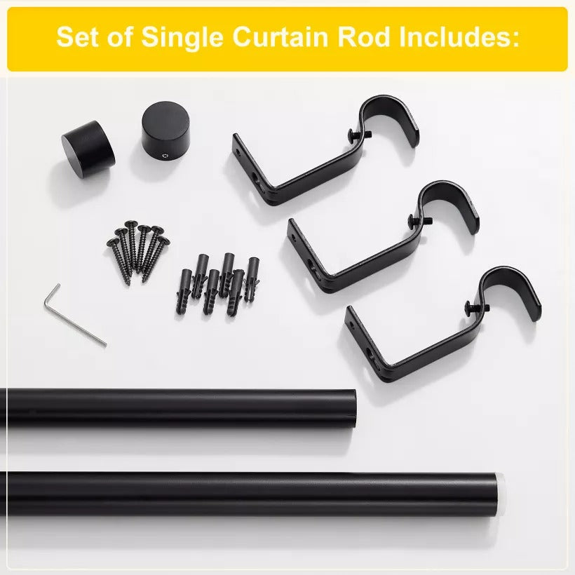 Complete set of black indoor/outdoor curtain rod components: two rod sections, brushed finials, three wall brackets, screws, and Allen wrench.