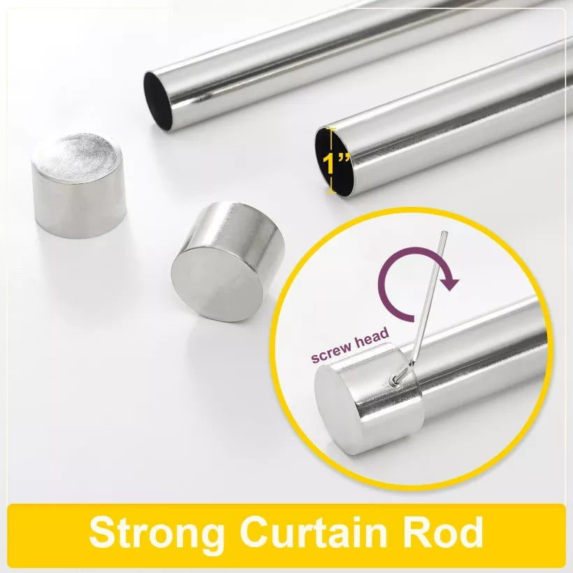Heavy-duty brushed silver outdoor curtain rod showing 1-inch diameter and secure finial attachment for weatherproof performance.