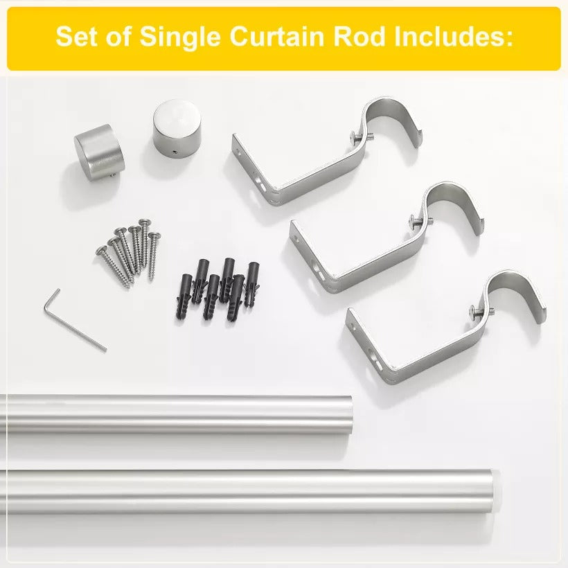 Complete set for a single brushed finial indoor/outdoor curtain rod: includes sturdy metal rod, brackets, decorative finials, and hardware.