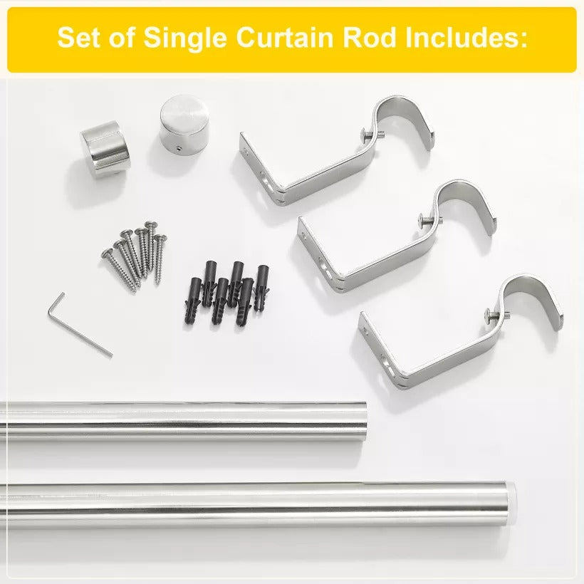 Components for a single brushed finial indoor/outdoor curtain rod set: rod sections, brackets, finials, screws, anchors, and wrench.