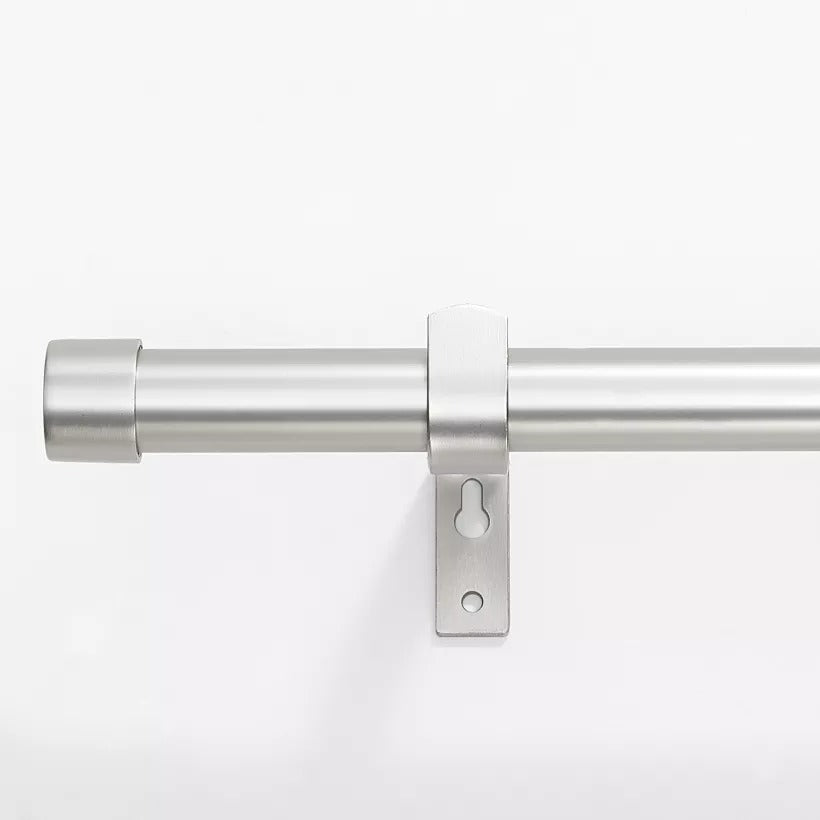 Brushed stainless steel indoor/outdoor curtain rod with a sleek finial and robust mounting bracket, ideal for KGORGE weatherproof shade solutions.
