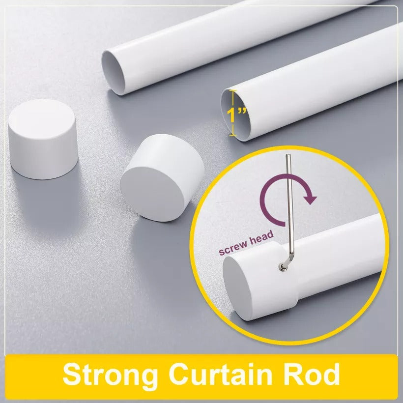 White 1-inch indoor/outdoor curtain rod, showing how the brushed finial attaches with a screw for a strong, secure fit.