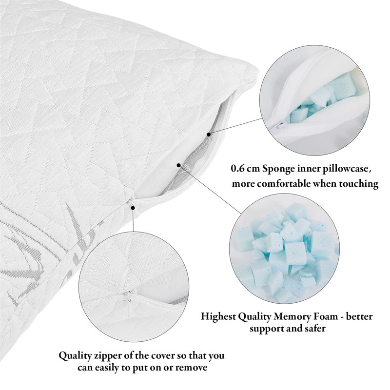 Close-up of a white quilted full body pillow with zipper open, revealing 0.6 cm sponge inner pillowcase & shredded memory foam filling for comfortable sleep.