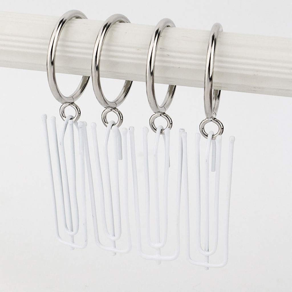 Chrome curtain rings with white pinch pleat hooks on a rod, for smooth hanging of bedroom or living room curtains.