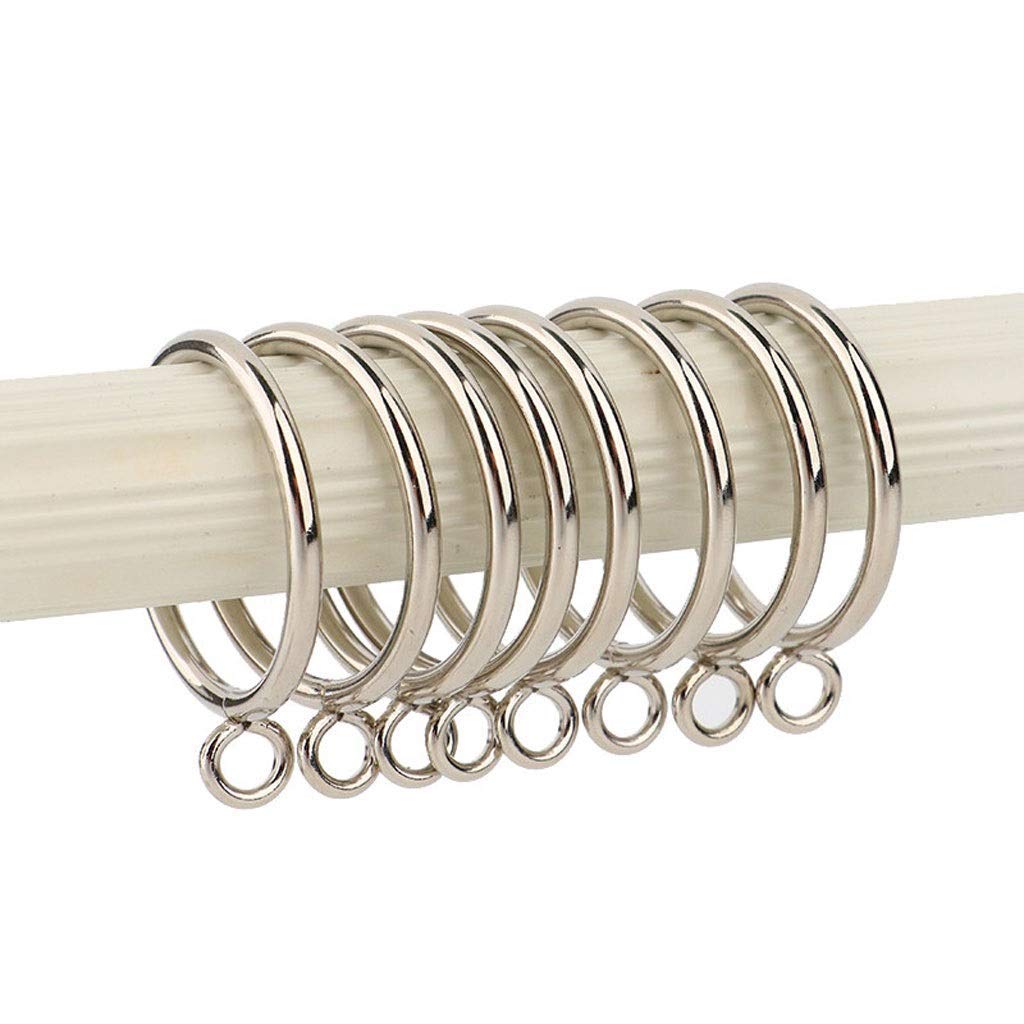 Polished silver metal curtain rings with eyelets on a white rod, ideal for hanging KGORGE outdoor curtains or indoor drapes.