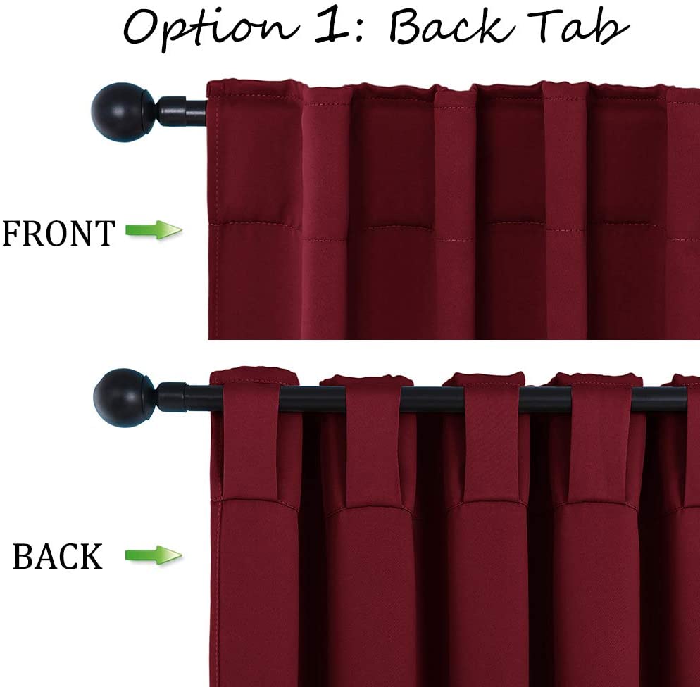 Front and back views of a dark red blackout curtain panel, highlighting the back tab hanging style for room darkening bedrooms.