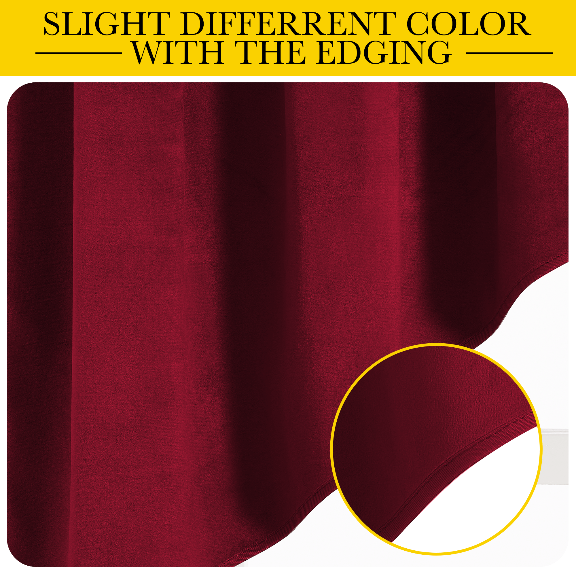 Close-up of rich red velvet blackout valance fabric showing plush texture. Inset highlights slight color difference on the finished edge.