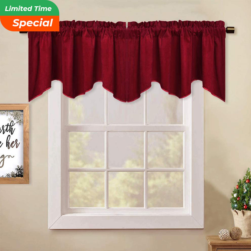 Modern deep red velvet blackout valance with a wavy hem and rod pocket hanging over a white window, suitable for kitchen or living room.