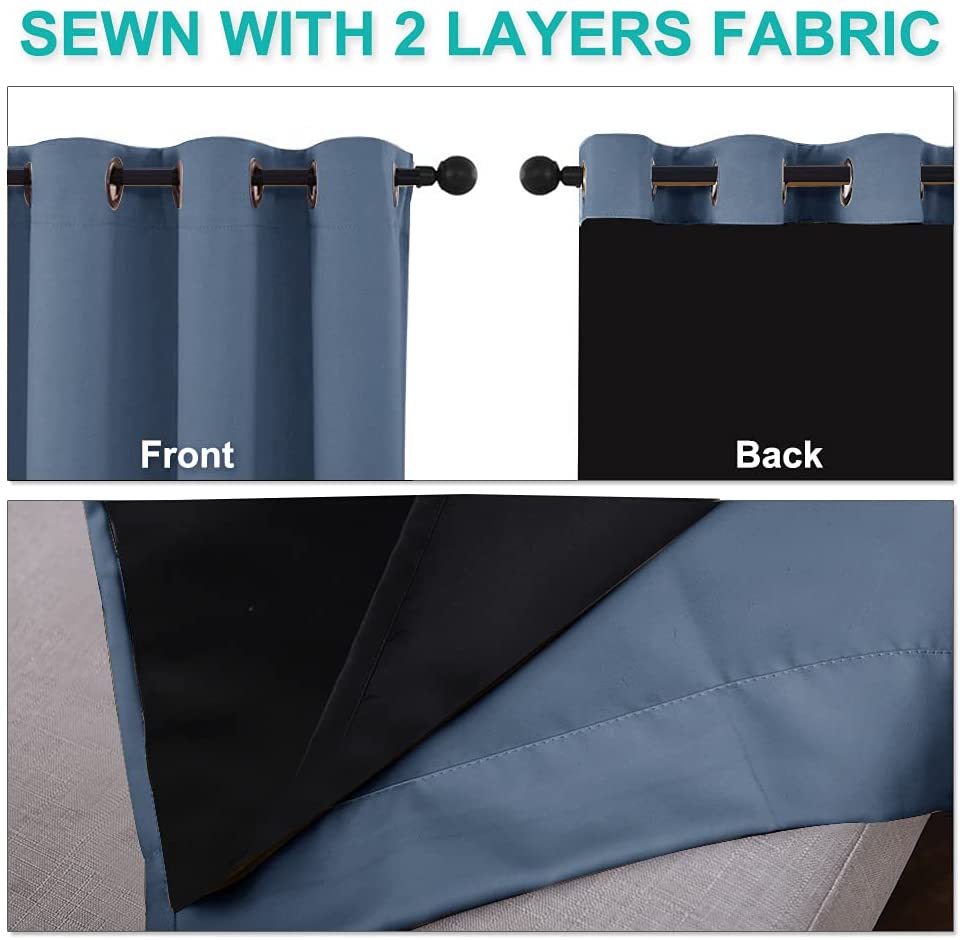 Blue grommet blackout curtain fabric, displaying its double layer construction with a visible thick black light-blocking lining.
