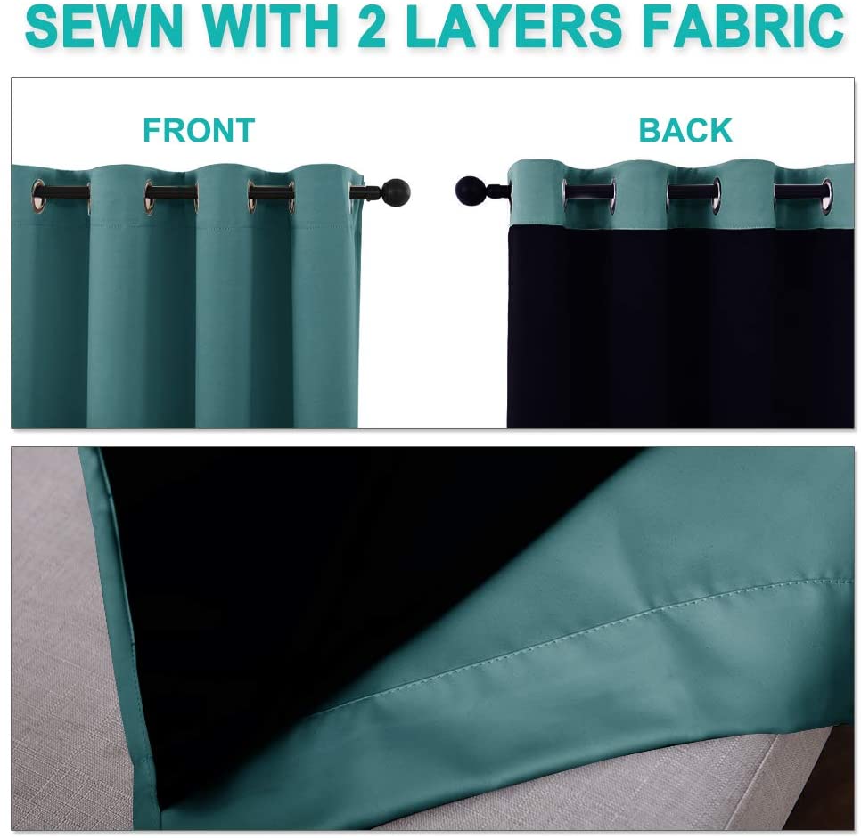 Teal double layer blackout grommet curtain on a rod, displaying the teal front and the inner black layer for ultimate light blocking.