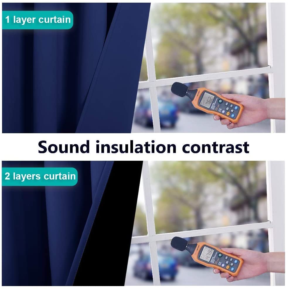 Sound insulation contrast: single navy blackout curtain showing 76.2 dB, double layer showing 47.8 dB, for sliding glass door