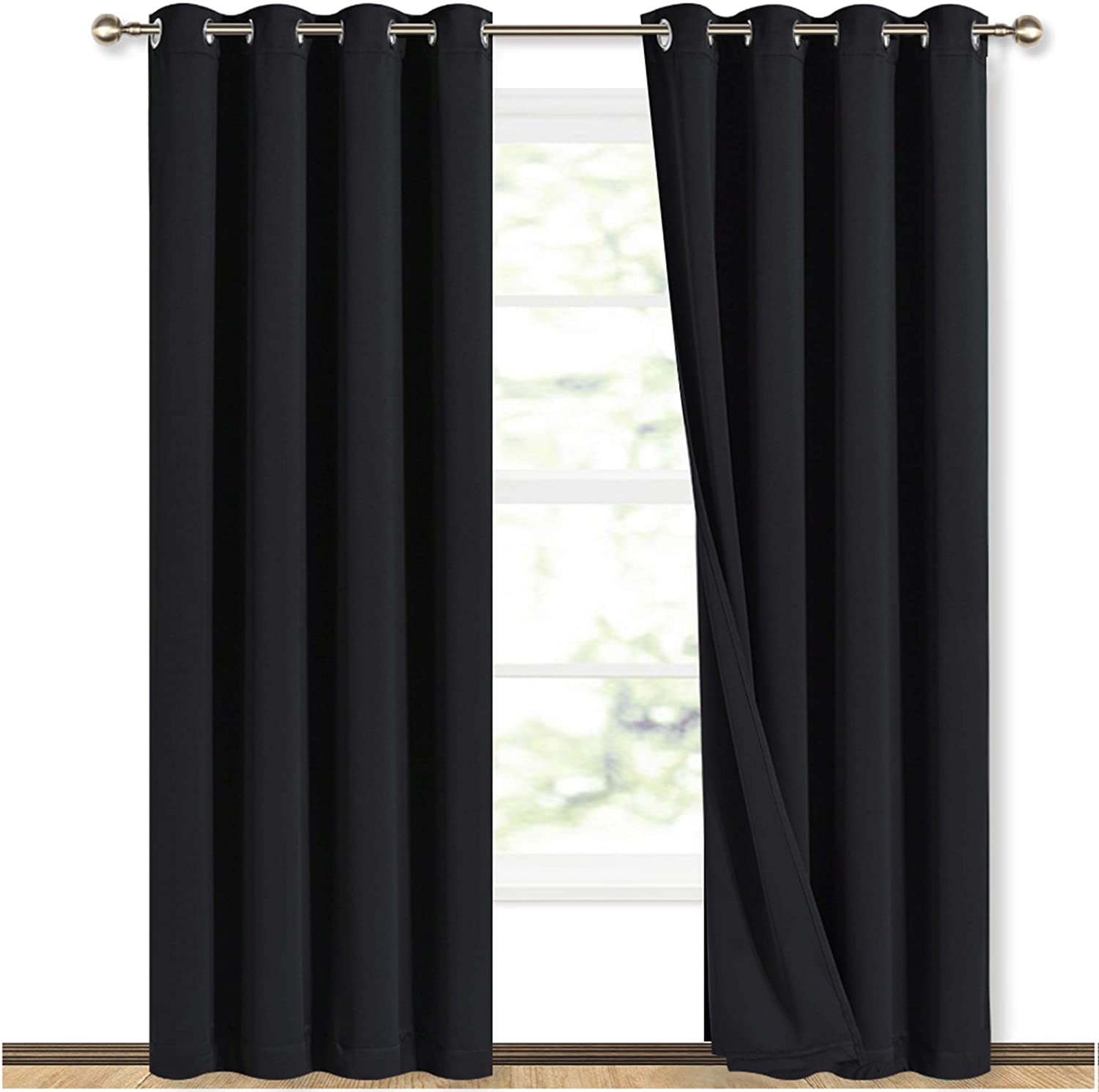 Black double layer grommet blackout curtains (2 panels) for a sliding glass door, one panel slightly open revealing a window.