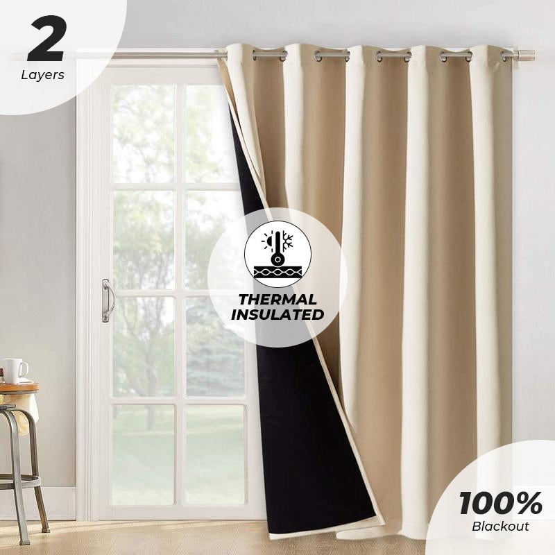 Beige double layer grommet blackout curtain revealing black thermal insulated, noise reducing lining. Perfect for living room.