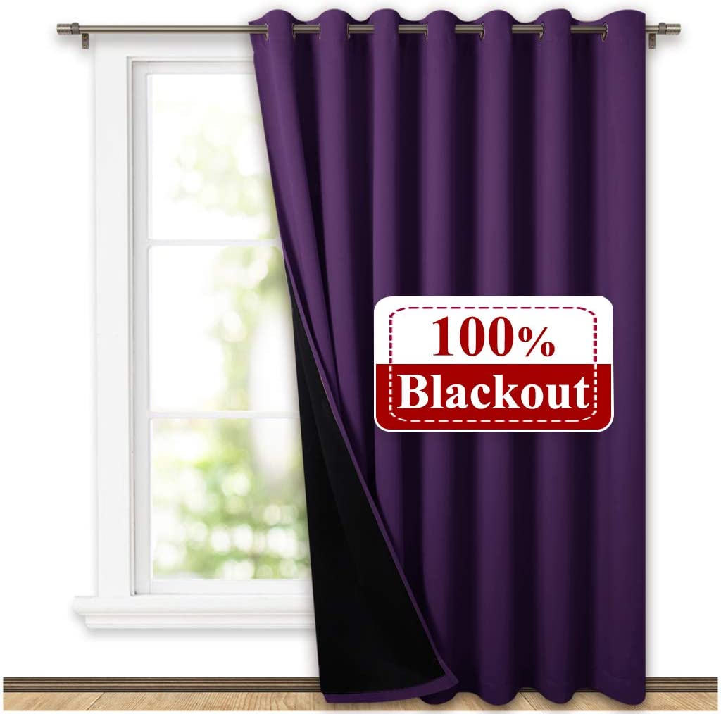 Dark purple double layer grommet blackout curtain panel for living room or bedroom, with black lining visible, 100% blackout.