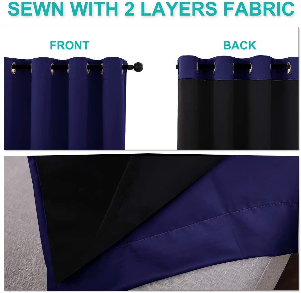Navy blue double layer blackout curtain panel, revealing front with grommets and black noise-reducing lining.