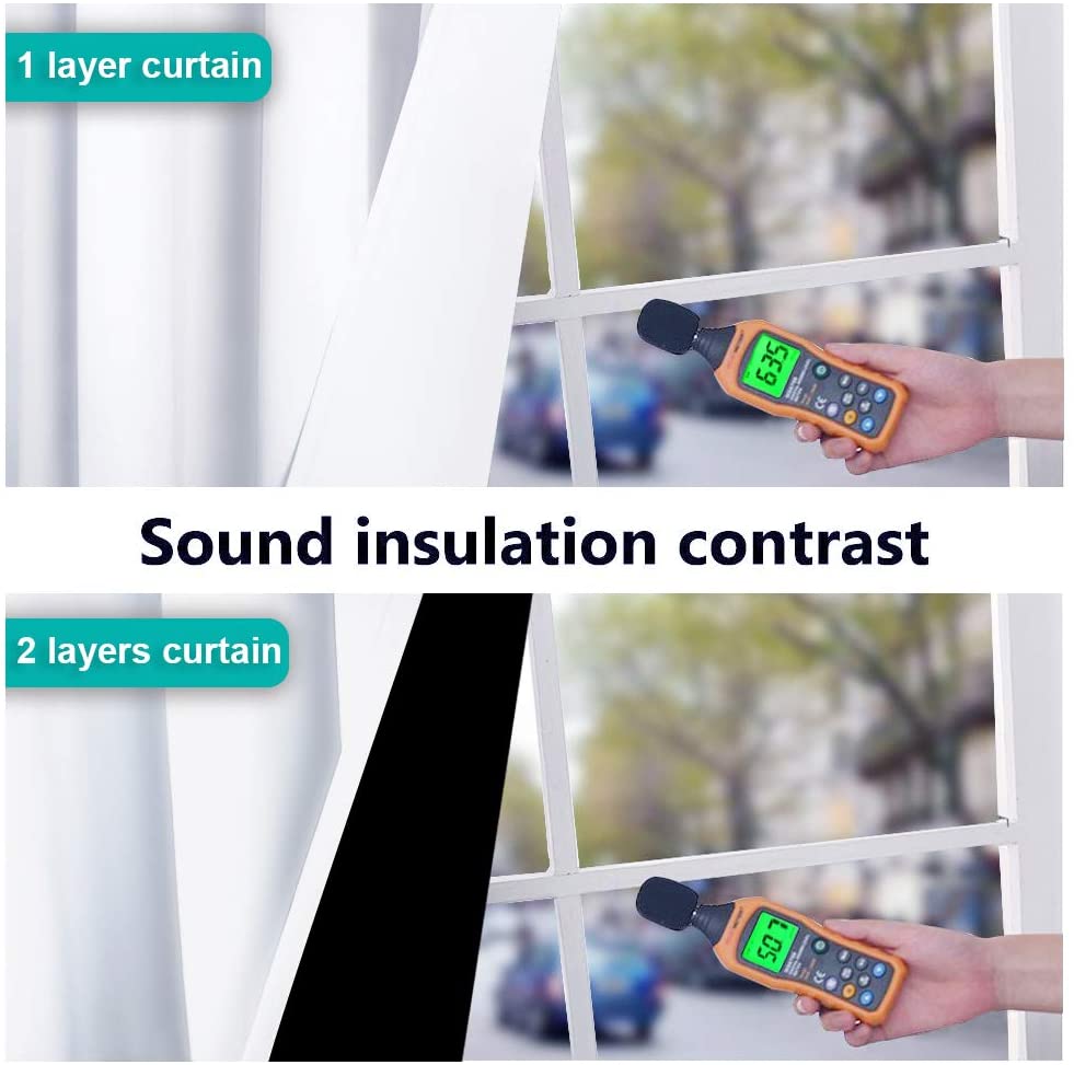 Sound insulation contrast: single layer curtain (63.5 dB) vs. double layer noise reducing blackout curtain (50.7 dB).