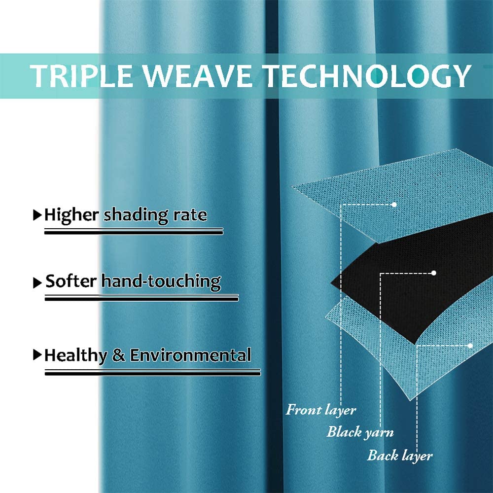 Triple weave blackout curtain technology diagram. Shows three fabric layers (front, black yarn, back) for higher shading & noise reduction.