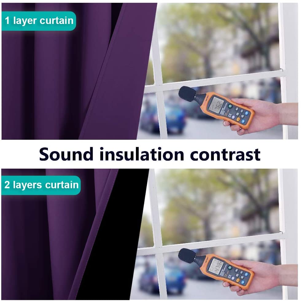 Sound insulation contrast: purple 1-layer curtain (76.2 dB) vs. double-layer noise reducing blackout curtain (47.8 dB).
