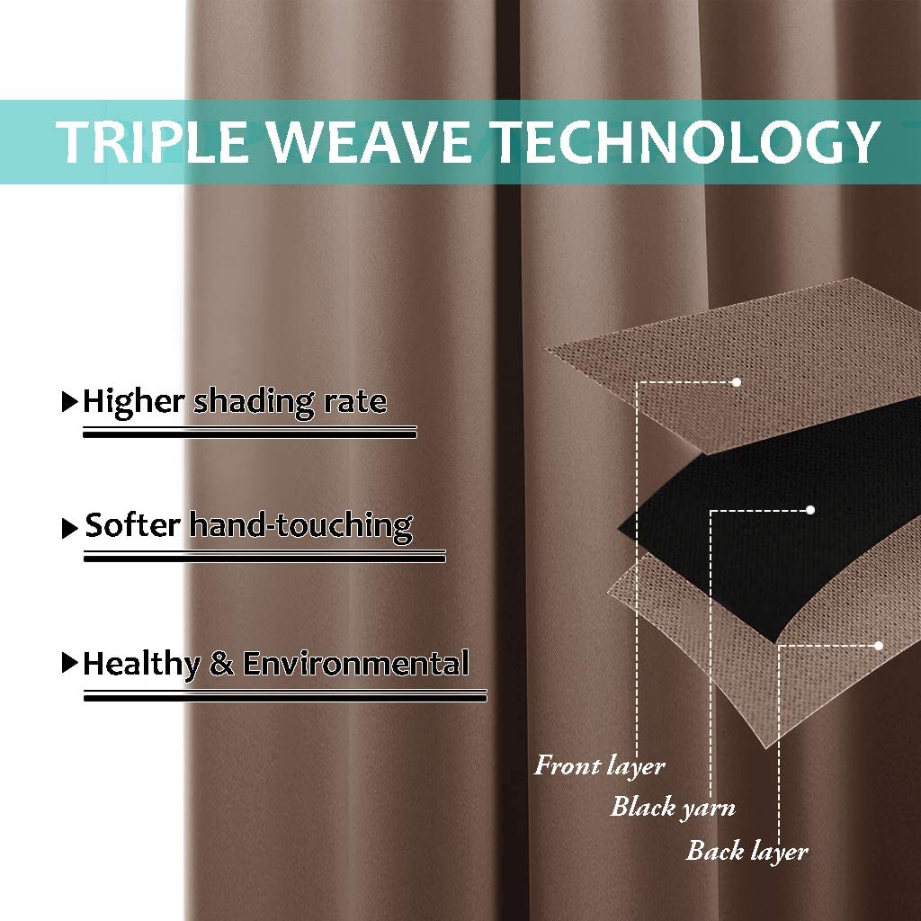 Triple weave technology diagram for brown double layer blackout curtains. Shows black yarn for higher shading rate & noise reduction.