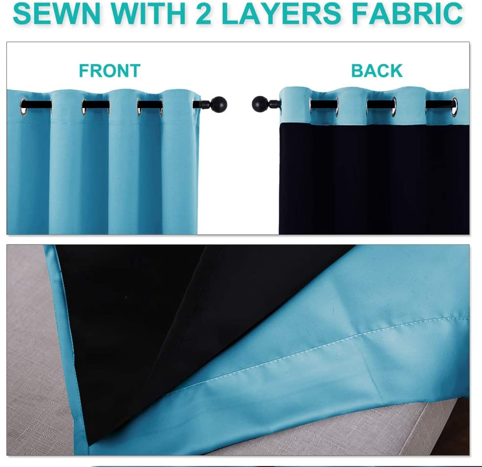 Light blue double layer grommet blackout curtain showing front, back with black lining, and a close-up of the two fabric layers.