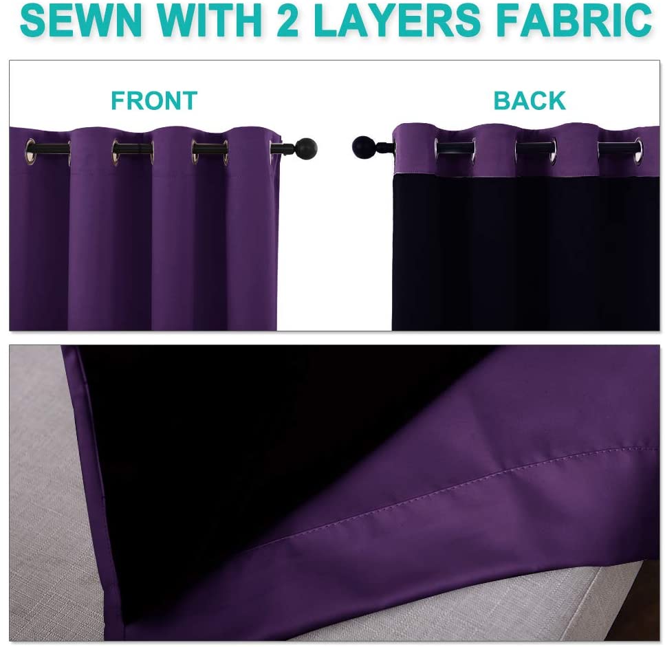 Purple double layer grommet blackout curtain, front view in purple, back revealing black inner fabric for noise reduction.