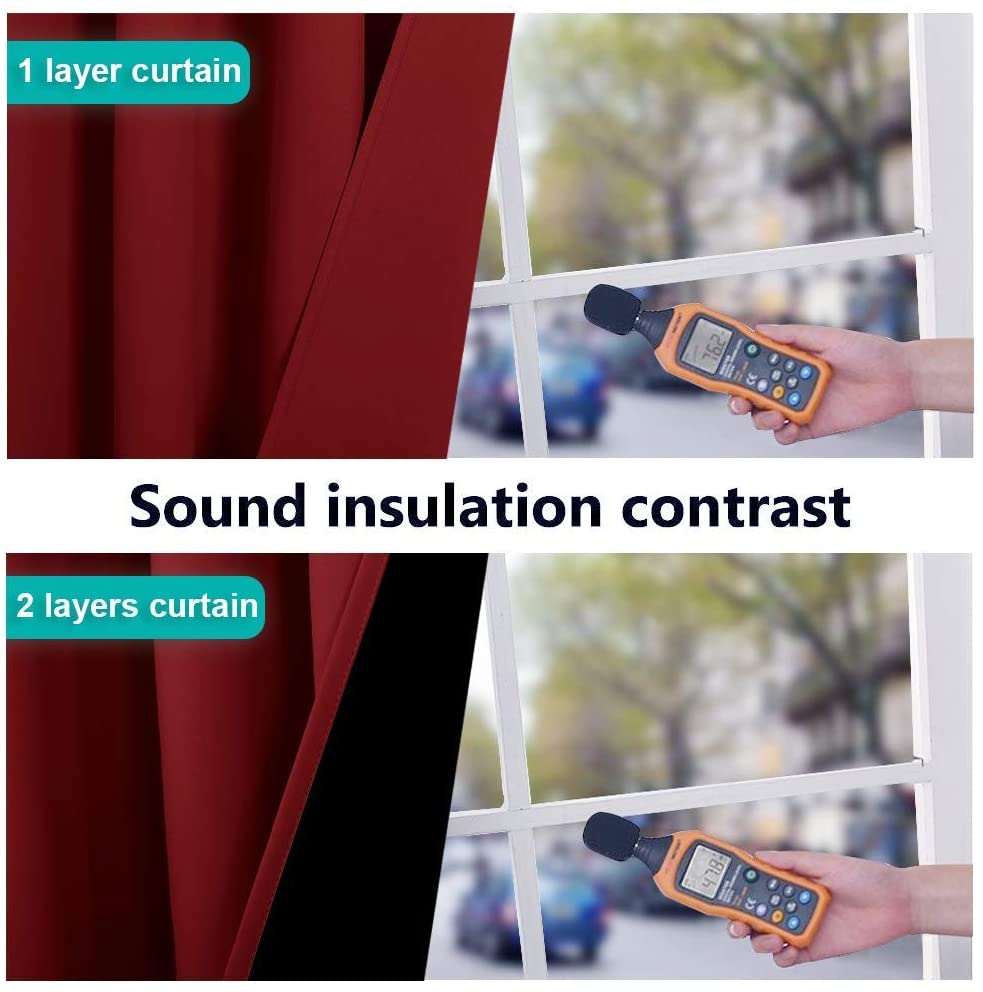 Sound insulation contrast with red double layer noise reducing blackout curtains. 1 layer at 76.2 dB, 2 layers at 47.8 dB.