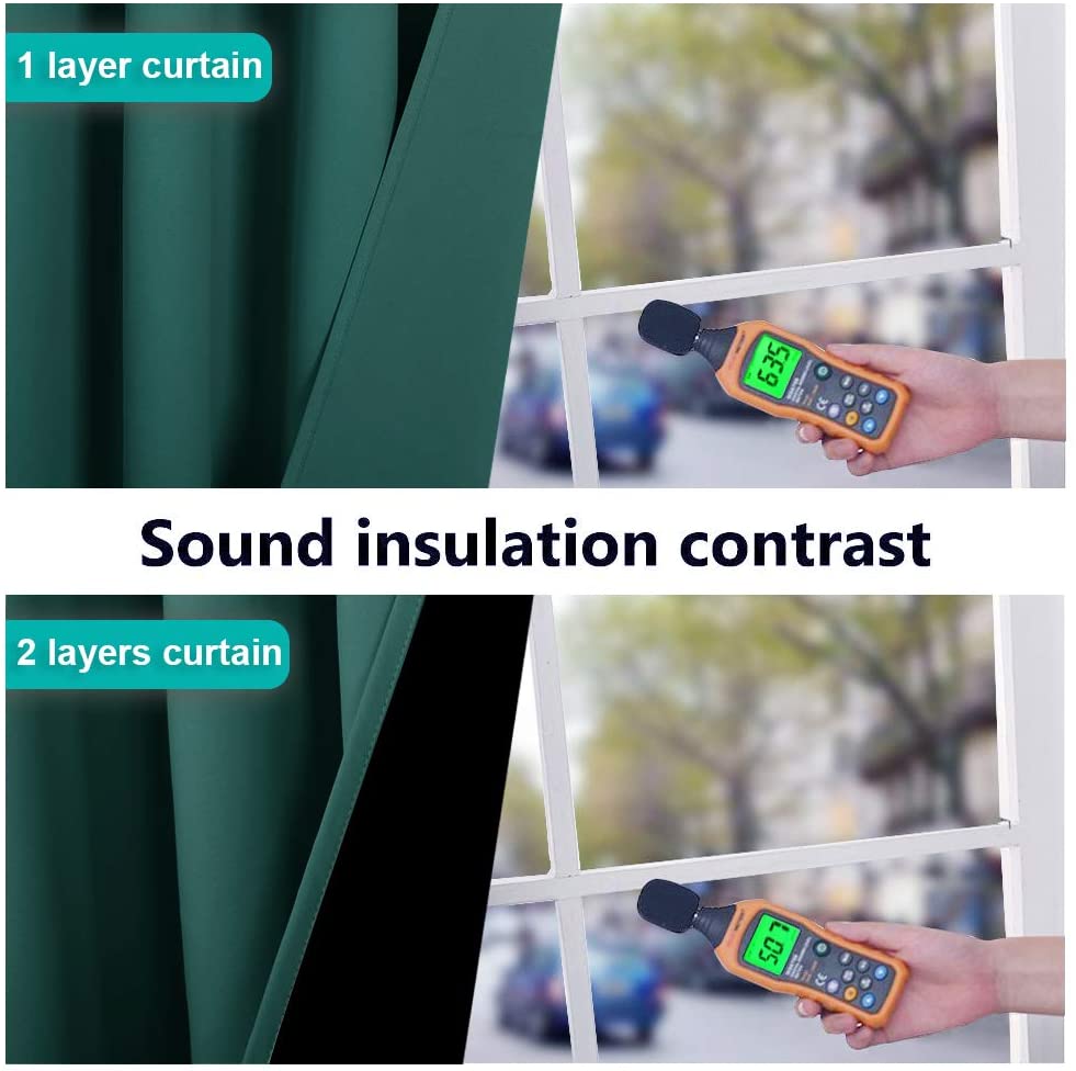 Contrast showing dark green double layer blackout curtains reduce sound from 63.5 dB (1 layer) to 50.7 dB (2 layers) on sound meter.