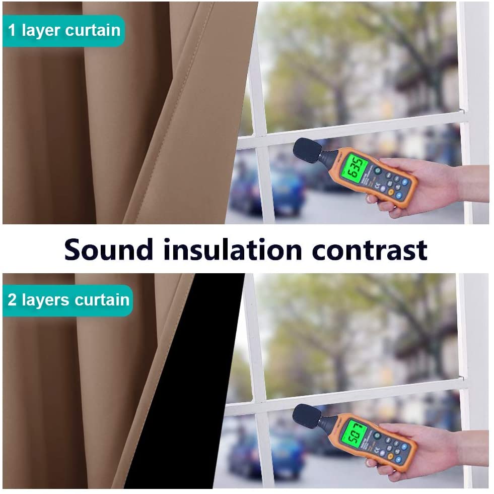 Noise reducing double layer blackout curtains comparison. A sound meter reads 63.5dB outside a single layer curtain vs. 50.7dB with dual layers.