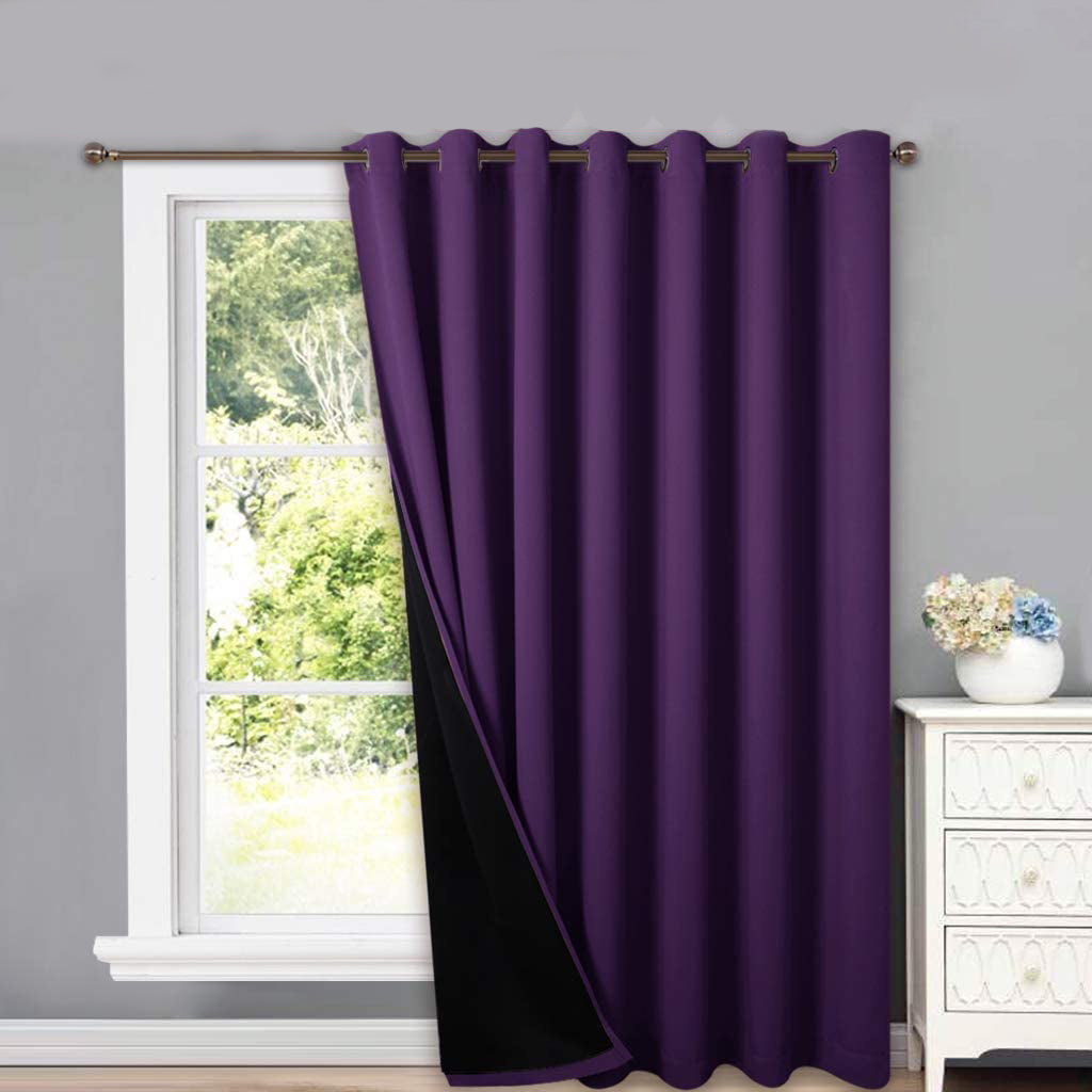 Dark purple double-layer blackout curtain with visible black thermal lining & grommets, ideal for living room or bedroom privacy.