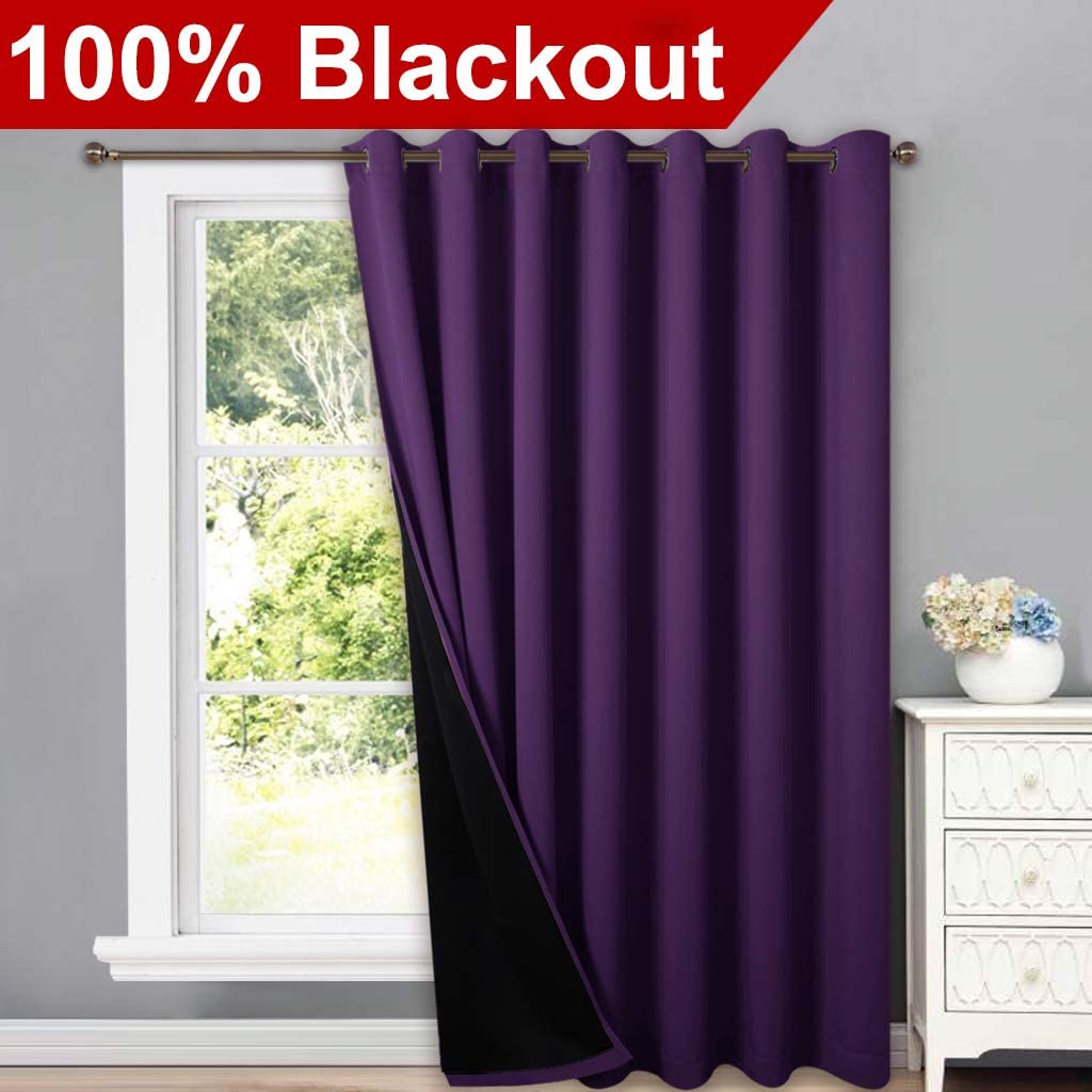 Double layer purple thermal insulated blackout curtain with grommets, partially open to show black lining, ideal for living room.