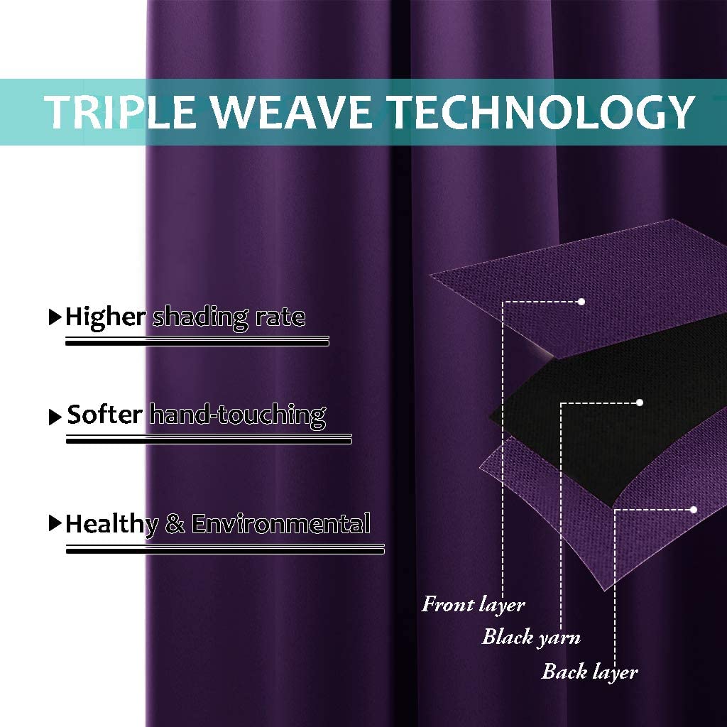 Diagram showing triple weave technology of purple blackout curtains with front layer, black yarn, and back layer for thermal insulation.