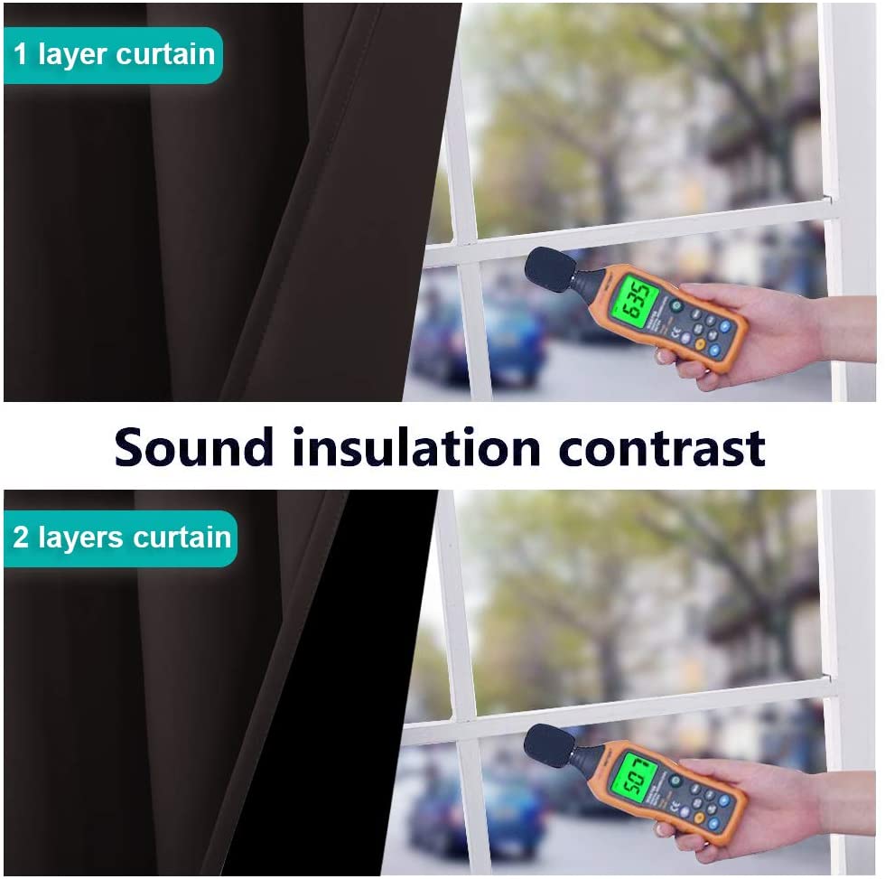 Sound insulation test comparing 1-layer curtain (63.5 dB) to double-layer thermal insulated blackout curtain (50.7 dB) for quieter rooms.