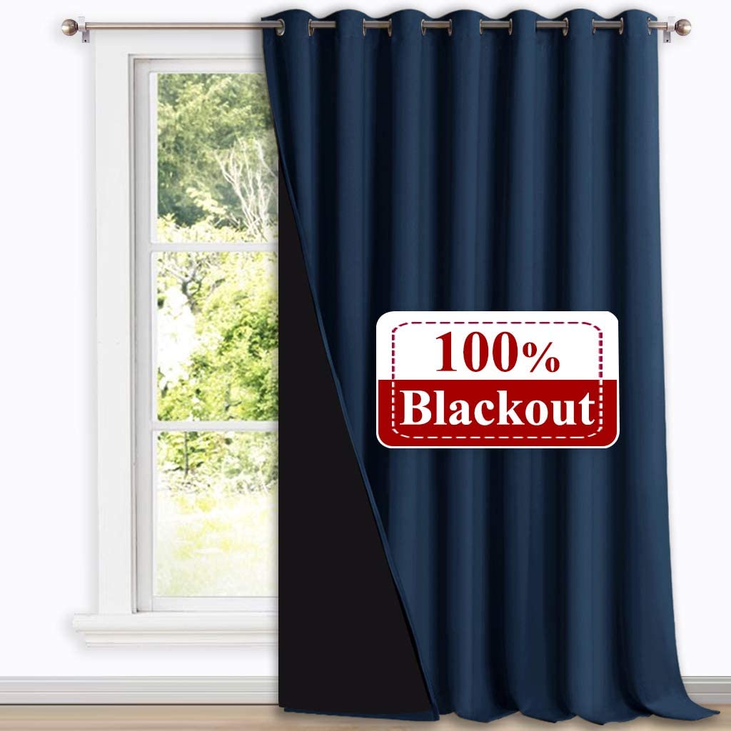 Navy blue double layer grommet thermal insulated blackout curtain panel with black lining, offering 100% light blocking for living rooms & bedrooms.