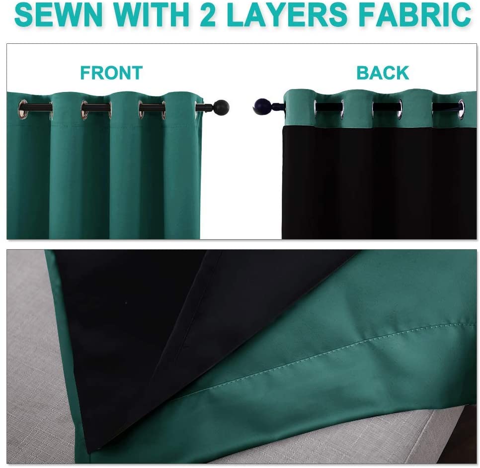 Teal grommet blackout curtain showing double layer construction with black thermal insulated lining from front, back, and detailed view.